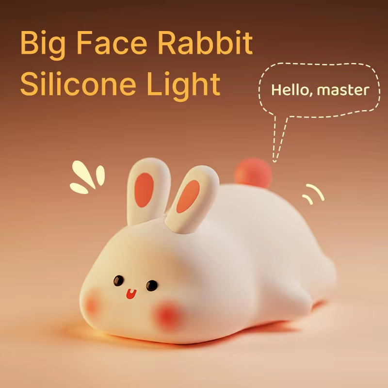 Cute Rabbit Rechargeable Silicone Night Lamp Touch Sensor Big Face Rabbit Light Timing USB Light for Kids Gift Party Decor Lampada Coniglio LED Ricaricabile – Luce Notturna Morbida con Sensore Touch (3 Livelli) Rechargeable Bunny LED Night Light – Soft Silicone, Touch Sensor, 3 Brightness Levels
